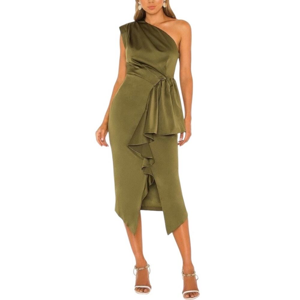 Elliatt Blakely One Shoulder Satin Midi Dress Olive Green L NWT Cocktail Wedding